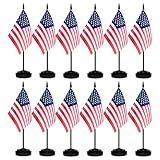 12 Pack USA Desk Flags Set, American US Small Mini Table Office Flags with 12" Solid Black Pole, 8.2 x 5.5 Inches, Home and Office Decoration, Festival Celebrations