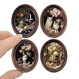 iLAND Miniature Dollhouse Accessories, 4 Dollhouse Picture Frames Set w/Printed Paintings (4 Dark Brass Oval Frames w/ 4 Pictures)