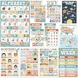 BEAWART 16 Boho Groovy Educational Posters for Preschoolers - Laminated Pre-K and Kindergarten Learning Poster Charts for Toddlers 1-3-5 - Homeschool and Classroom Decor for Kids' Walls