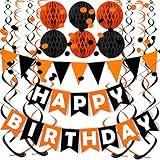 Fecedy Black Orange Happy Birthday Banner Paper Triangle Flag Bunting Circle Confetti Dots Hanging Garland and Honeycomb Ball Swirl Streamers for Birthday Baby Shower Halloween Party Decoration