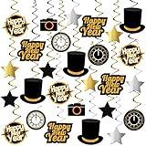 KatchOn, Happy New Year Hanging Swirls - Pack of 30 | Black and Gold New Years Eve Party Supplies 2025 | Happy New Year Decorations 2025 | New Years Hanging Decorations | New Years Eve Decorations