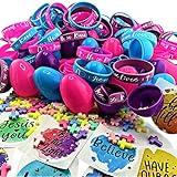Easter Egg Set | 100 Pack | Alive Edition | Blue - Pink - Purple Eggs (100) | Silicone Bracelets - Child Size - Small 2yr - 12yr Wrist (100) - | Mini Cross Penant (100) | Sticker (100)