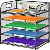 Cawukege 5 Tier Paper Organizer with Handle, Metal Mesh Desk Organizer File Folder Paper Letter Tray Desktop Document Sorter for Classroom, School, Office Accessories Organization and Storage - Black