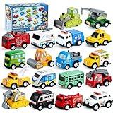 JOYIN 18 Pcs Pull Back City Cars and Trucks Toy Vehicles Set, Friction Powered Cars Toys for Toddlers, Boys, Girls’ Educational Play, Kids Stocking Stuffers, Easter Basket Stuffers
