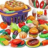 42 Items 87 Pcs Cutting Play Kitchen Set for Kids, Pretend Cooking Fruit &Vegetables&Fast Food with Storage Basket, Fake Food Toys for Toddler&Baby, Educational Gift for Girls Boys Children Birthday