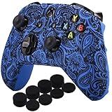 YoRHa Printing Rubber Silicone Cover Skin Case for Xbox One S/X Controller x 1(Flowers&Blue) with PRO Thumb Grips x 8