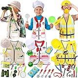 Deekin 3 Sets Kids Dress up Clothes for Play Age 3-7 Ages, Toddler Dress up Costumes Vest Role Play Community Helpers Construction Worker, Chef, Explorer for Boys Girls Costumes Accessories