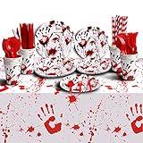 Halloween Party Supplies Decorations Include Bloody Zombie Tablecloth, Paper Plates, Cups, Straw, Napkins, Cutlery - Horror Halloween Birthday Party Decorations Tableware Serves 20 Guests-161CT 1