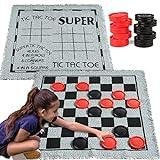 3-in-1 Vintage Giant Checkers, Tic, Tac, Toe, with Reversible Mat, 24 Chips, Family Board Game, Lawn Game, BBQ Party Favor, Indoor and Outdoor Activity for Kids and Adults