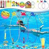 DAUXONE Diving Toys, 27 Pcs Pool Toys with Swim Thru Rings for Kids Age 3-12, Dive Sticks, Rings, Gem, Octopus, Torpedo, Mesh Bag Include