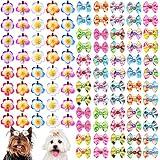 Piklodo 100Pcs Summer Dog Bows and Dog Hair Clips Dog Hair Bows with Rubber Bands Flower Puppy Bow Hawaiian Flower Hair Clips Dog Grooming Bows for Small Medium Large Dog Puppy Hair Accessories