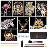 Scratch Art for Kids & Adults, Rainbow Painting Night View Scratchboard(A4), Crafts Set: 8 Sheets Scratch Cards with 6 tools in Bag - Unicorn/Flamingo/Cat/Deer/Lion/Tiger/Leopard/Wolf (Animal Series)