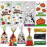LOKIPA 200 Pcs Halloween Cellophane Candy Treat Bags with Twist Ties for Halloween Trick or Treat Party Favors