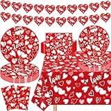 123 Pcs Mother's Day Party Decorations Red Heart Love Valentines Plates and Napkins Heart Banner for Valentine Day Party Supplies, Valentines Day Décor Anniversary Serve 40
