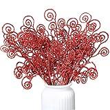 Ysleen 50 Pcs Glitter Tree Picks and Sprays Twigs Artificial Curly Stem Picks Ornaments 12 Inch Branches Sticks for Wreath Vase Fillers Gift Decoration(Red)