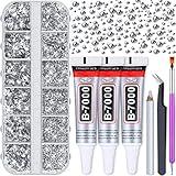 Audab B7000 Jewelry Adhesive Glue with Glass Rhinestones for Crafts, 2100Pcs Flat Back Gems Crystal Not Resin Rhinestones with Tweezer Clear Glue for DIY Clothes Fabric Shoes Jewelry Making Nail Art