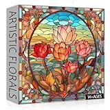 PICKFORU Stained Glass Flower Puzzles for Adults 1000 Pieces, Vintage Art Puzzles Floral, Impossible Hard Challenging for Adults