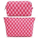 SOIDRAM 2 Pieces Makeup Bag Large Checkered Cosmetic Bag Capacity Canvas Mix Travel Toiletry Bag Organizer Cute Makeup Brushes Aesthetic Accessories Storage Bag for Women, Checkered Mix Rose Red