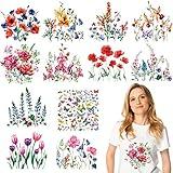 Fainne 12 Sheets Flower Iron on Decals Watercolor Transfers for Clothing, Flower Heat Transfer Stickers, Appliques for T-Shirts Jackets DIY Art Decor