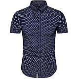 MUSE FATH Men's Printed Dress Shirt-Cotton Casual Short Sleeve Button-Down Point Collar Shirt-Navy Blue New-2XL