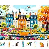 Colorful City Street Jigsaw Puzzles for Adults 500 Pieces Spring Vintage Car and Flower Garden Scene Puzzle Family Challenging Funny Puzzle Perfect for Game Nights(21"x15")