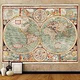 Old Map of the World Tapestry Wall Hanging, Medieval Europe Retro World Map Vintage Earth Hemisphere Posters Office Wall Decor Tapestries, Renaissance Nautical Chart Map Tapestry for Bedroom Home