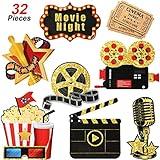 Fumete 32 Pieces Movie Night Cutouts Movie Party Decorations Kit Double Sided Printing Golden Black Paper Cards Red Carpet Clapboard Tickets Film Reel Decor for Party Supplies
