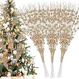 Palonu16 Pcs Champagne Artificial Glitter Berry Stems 17 Inch Fake Berry Branch Picks Decorative Glitter Sticks Christmas Tree Ornaments for DIY Xmas Wreath Crafts Gifts Holiday Home Décor