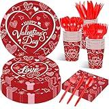 175 Pcs Valentine's Day Tableware Set - Serves 25, Heart and Love-Themed Disposable Plates, Cups, Napkins, Forks, Spoons, Knives for Valentine, Wedding Party Supplies, Romantic Holiday Gatherings