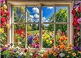 7x5FT Spring Landscape Photography Background Flowers and Trees Vibrant Flowers Party Decoration Sunshine Grassland Spring Window Landscape Photo Background 087