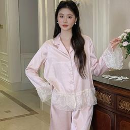 B656-French pajamas women's long-sleeved trousers sweet princess style ice silk suit autumn pajamas home clothes can be worn outside