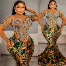Gold Green Mermaid Prom Dresses 2025 Crystals Beaded Lace Evening Formal Party Second Birthday Engagement Gowns Plus Size Dress For Special Occasions ZJ753